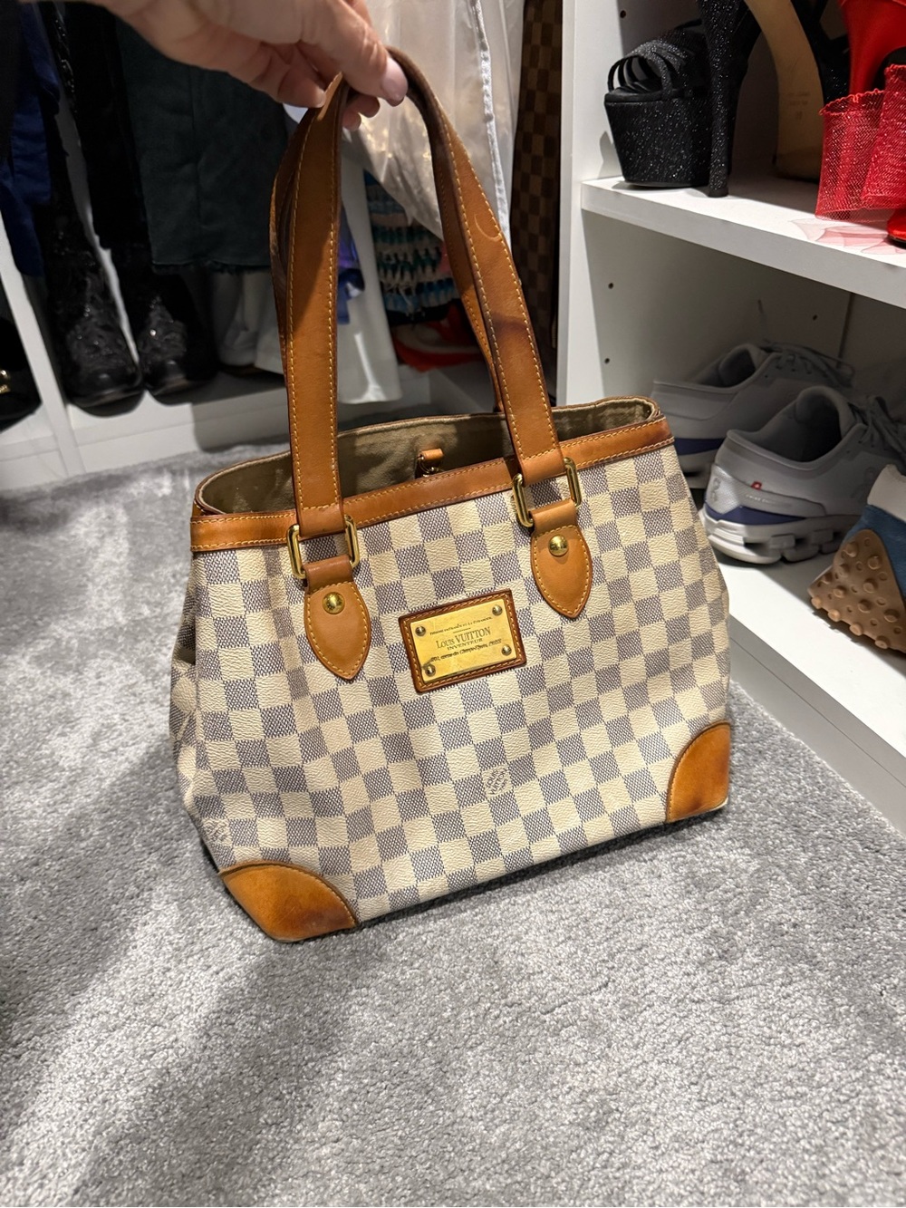 Louis Vuitton Damier Azur Canvas Tote in Cream and Tan Leather